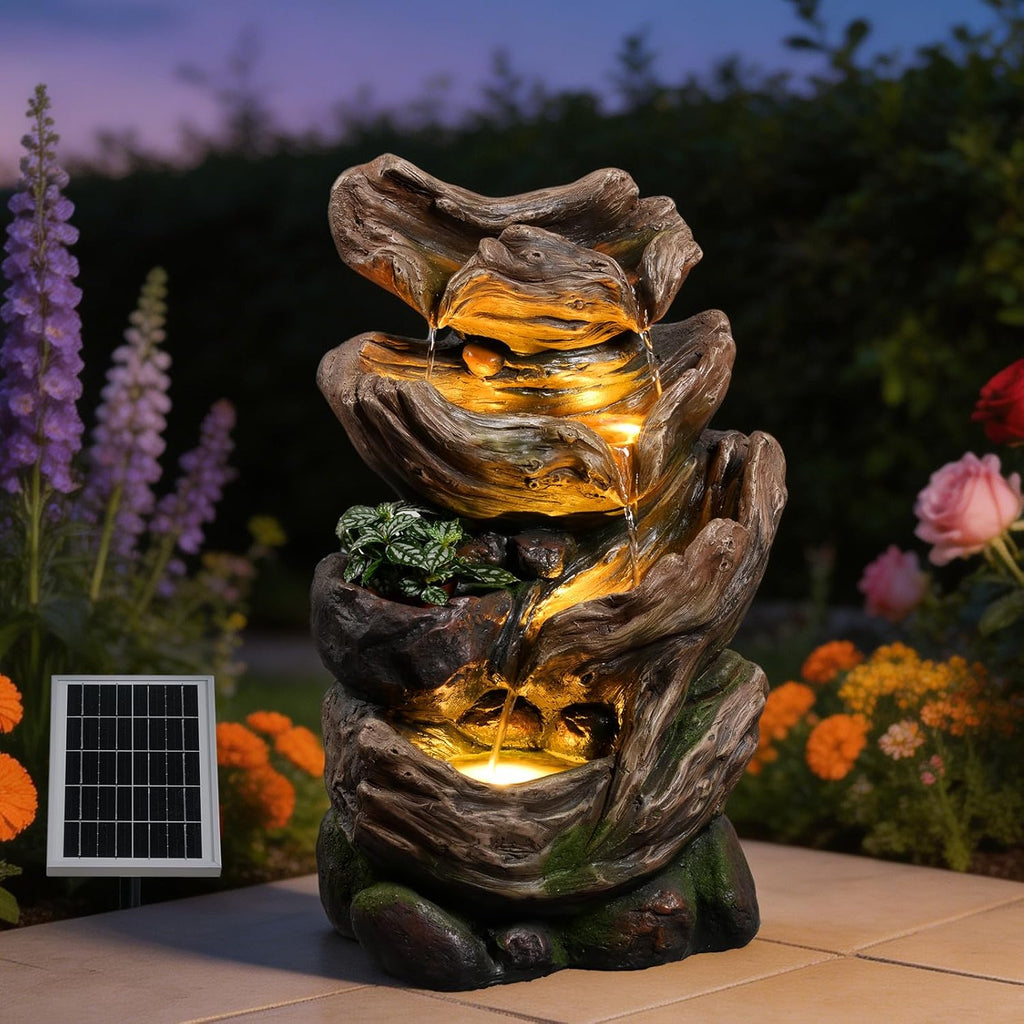 Solar Water Fountain Outdoor, 27' H 4-Tier Realistic Tree Trunk Cascading Waterfall with 4000mAh Battery Backup & 3000K LED Lights, IP64 Weatherproof Resin Fountain for Garden, Patio, Deck Decor