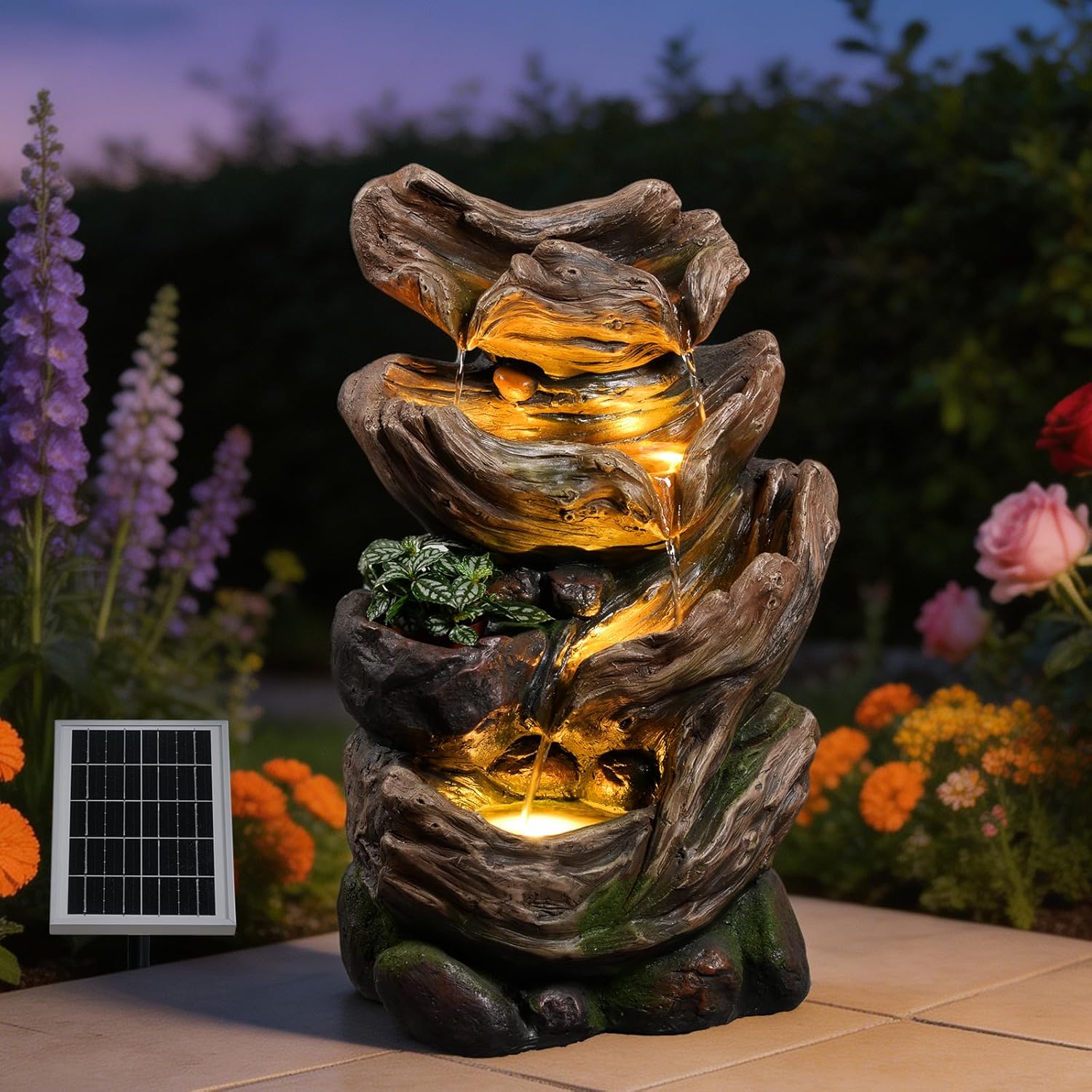 Solar Water Fountain Outdoor, 27' H 4-Tier Realistic Tree Trunk Cascading Waterfall with 4000mAh Battery Backup & 3000K LED Lights, IP64 Weatherproof Resin Fountain for Garden, Patio, Deck Decor