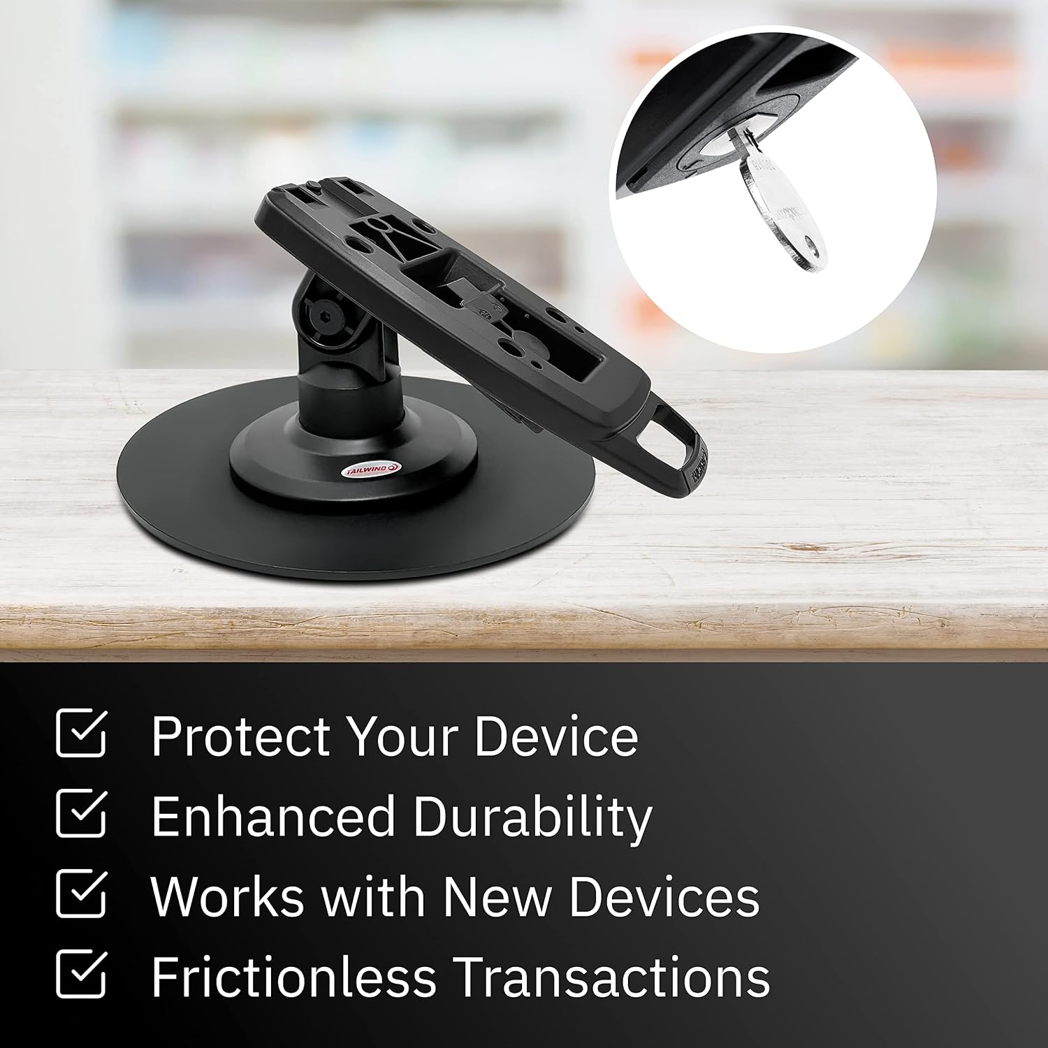 Dejavoo Z3/Z6 3' Latch and Key Lock Compact Pole Mount Terminal Stand with Round Freestanding Mobility Base Plate