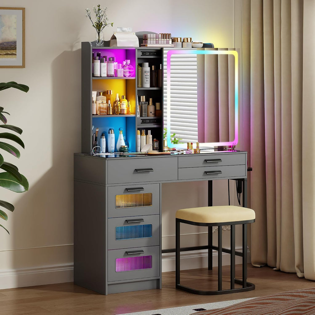 RGB Vanity Desk with Sliding Mirror and Lights,Makeup Vanity with Charging Station,LED Vanity Table with Glass Top,Girls Vanities Dressing Table Set with Stool&6 Drawers for Bedroom(Grey)