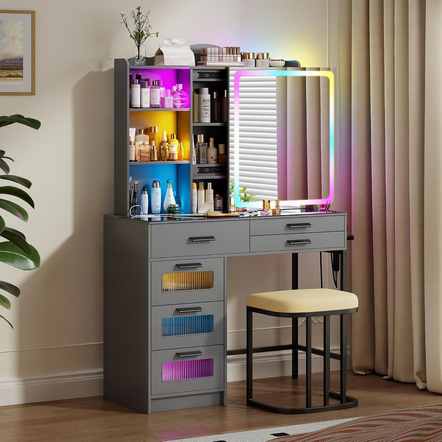 RGB Vanity Desk with Sliding Mirror and Lights,Makeup Vanity with Charging Station,LED Vanity Table with Glass Top,Girls Vanities Dressing Table Set with Stool&6 Drawers for Bedroom(Grey)
