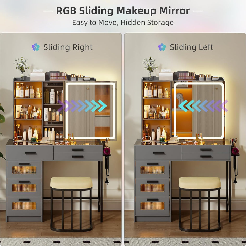 RGB Vanity Desk with Sliding Mirror and Lights,Makeup Vanity with Charging Station,LED Vanity Table with Glass Top,Girls Vanities Dressing Table Set with Stool&6 Drawers for Bedroom(Grey)