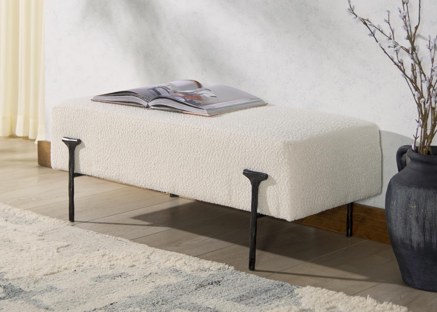 SAFAVIEH Couture Collection Jessa Glam Ivory Boucle & Black Bench