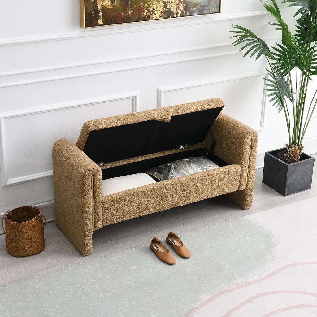 Modern Teddy Bed End Bench with Arms and Storage,Upholstered Large Foot Rest Stool, Comfy Window Vanity Bench for Living Room,Bedroom,Dorm,Coffee Table,Teddy Coffee