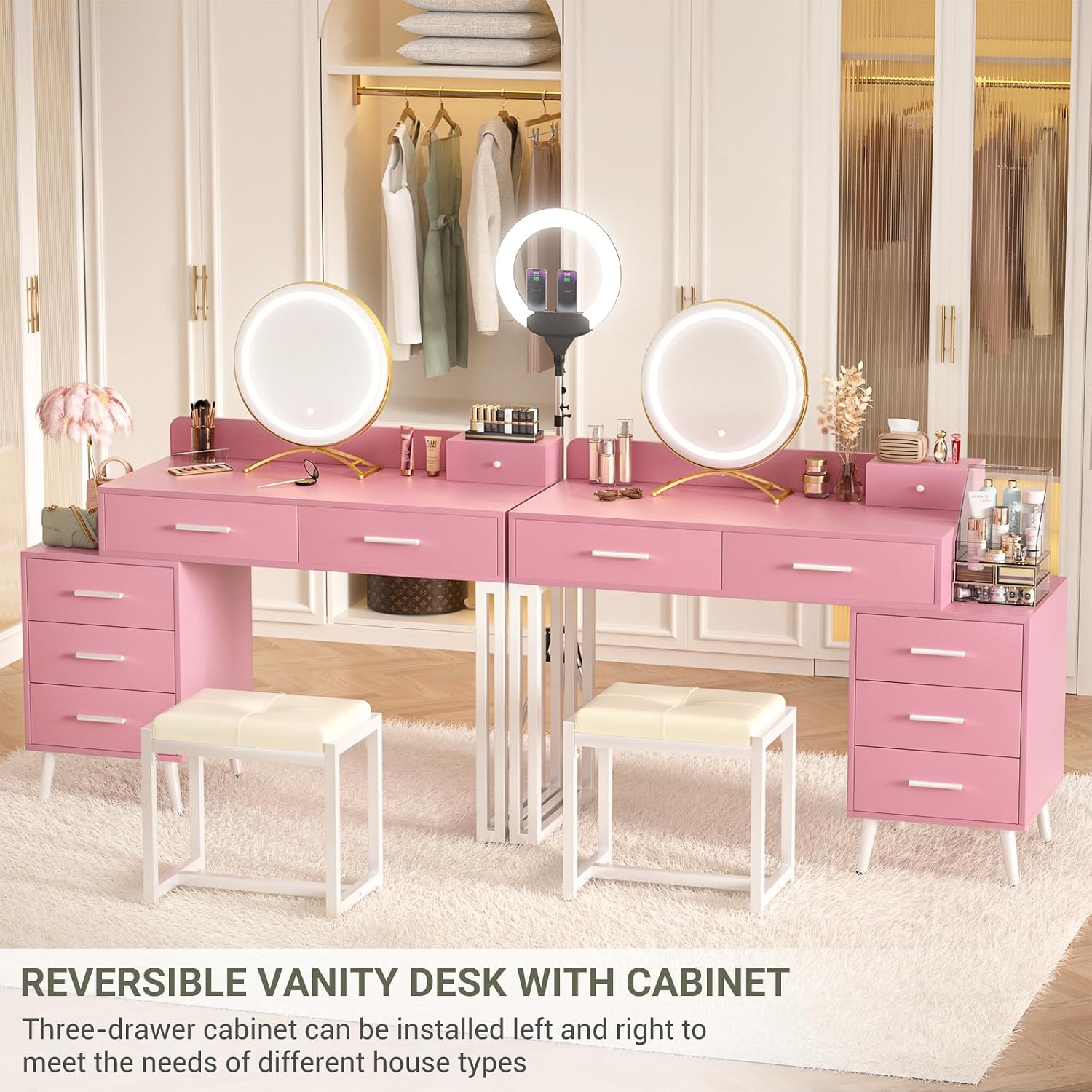Armocity Pink Vanity Desk with Mirror and Lights, Modern Makeup Vanity Table Set with 6 Storage Drawers and Cushioned Stool for Bedroom, Dressing Table with Divided Organizers for Women Girls, Pink