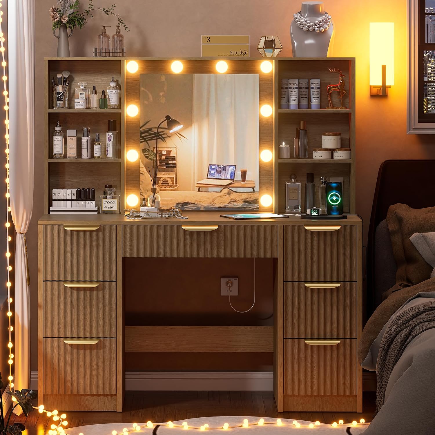 Fluted Vanity Desk with Mirror and 10 Adjustable LED Lights, Modern Makeup Desk with 7 Drawers & 6 Shelves, Dressing Table with Charging Station for Girls, Women, Bedroom, Natural Oak