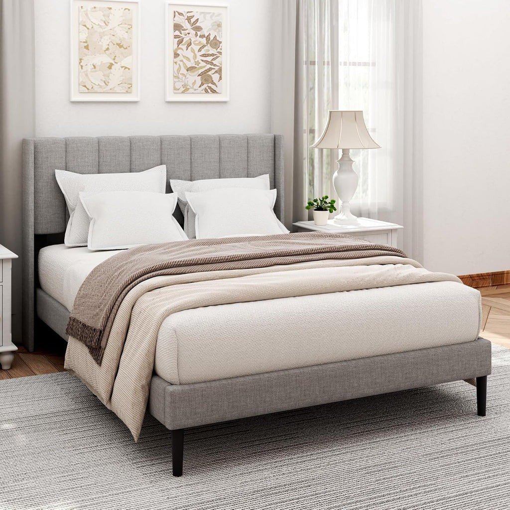 Sismplly Full Size Bed Frame and Headboard,Vertical Channel Tufted Wingback No Box Spring Needed, Mattress Foundation, Easy Assembly Light Grey, Linen