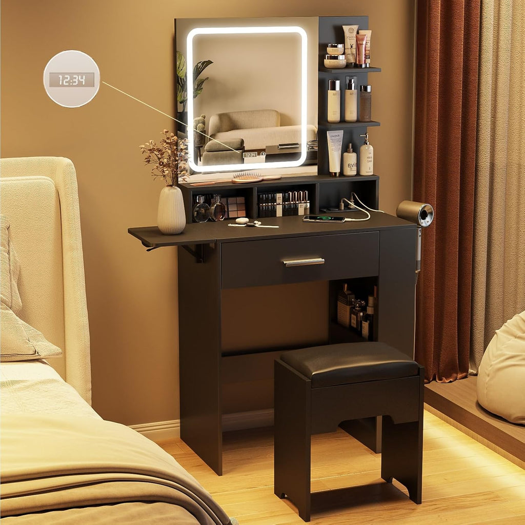 Fameill Vanity Desk with Mirror and Lights, Small Makeup Vanity with Drawer & Lots Storage Shelves, Black Dresser Table with Charging Station & Time Display, Vanity Set with Chair, for Bedroom