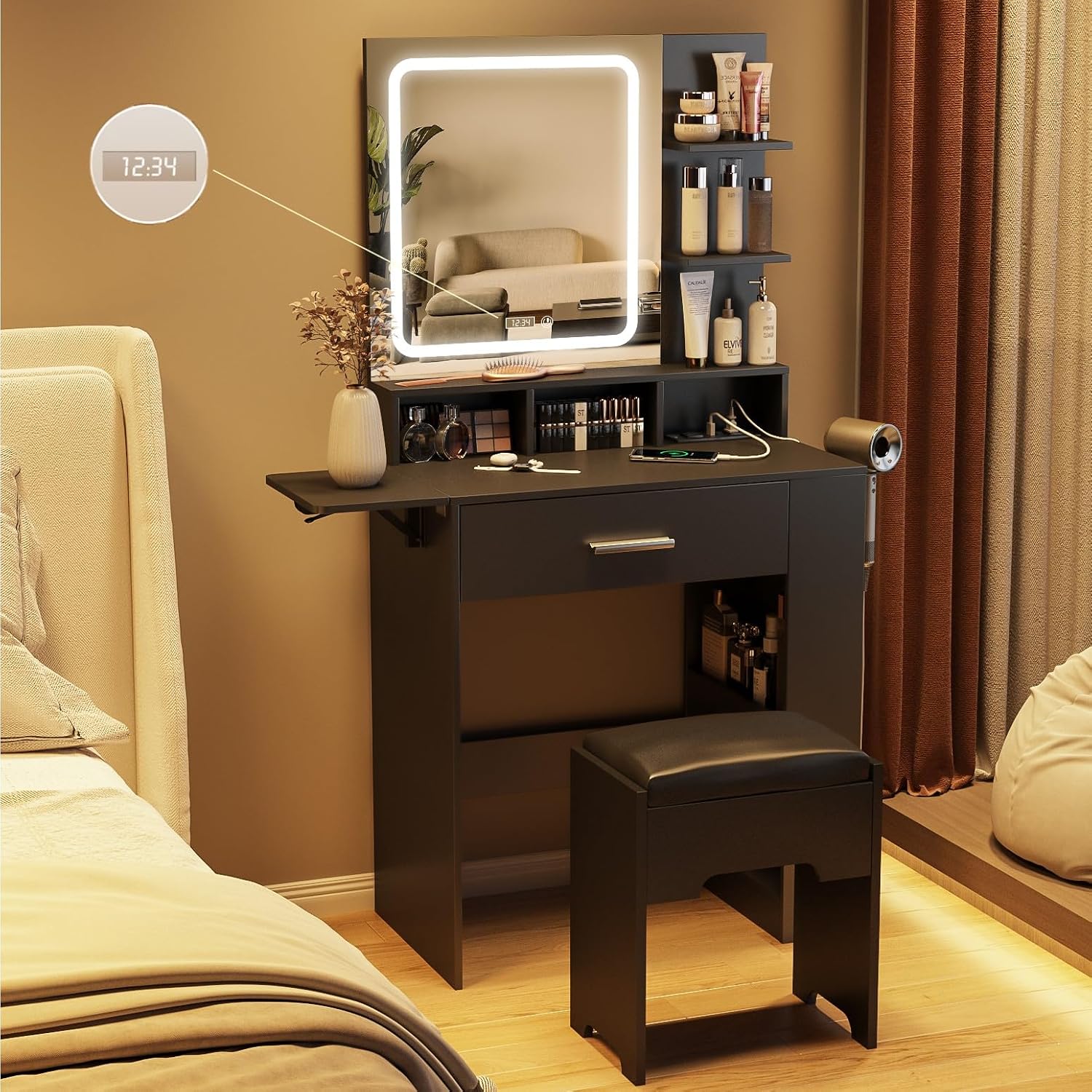 Fameill Vanity Desk with Mirror and Lights, Small Makeup Vanity with Drawer & Lots Storage Shelves, Black Dresser Table with Charging Station & Time Display, Vanity Set with Chair, for Bedroom