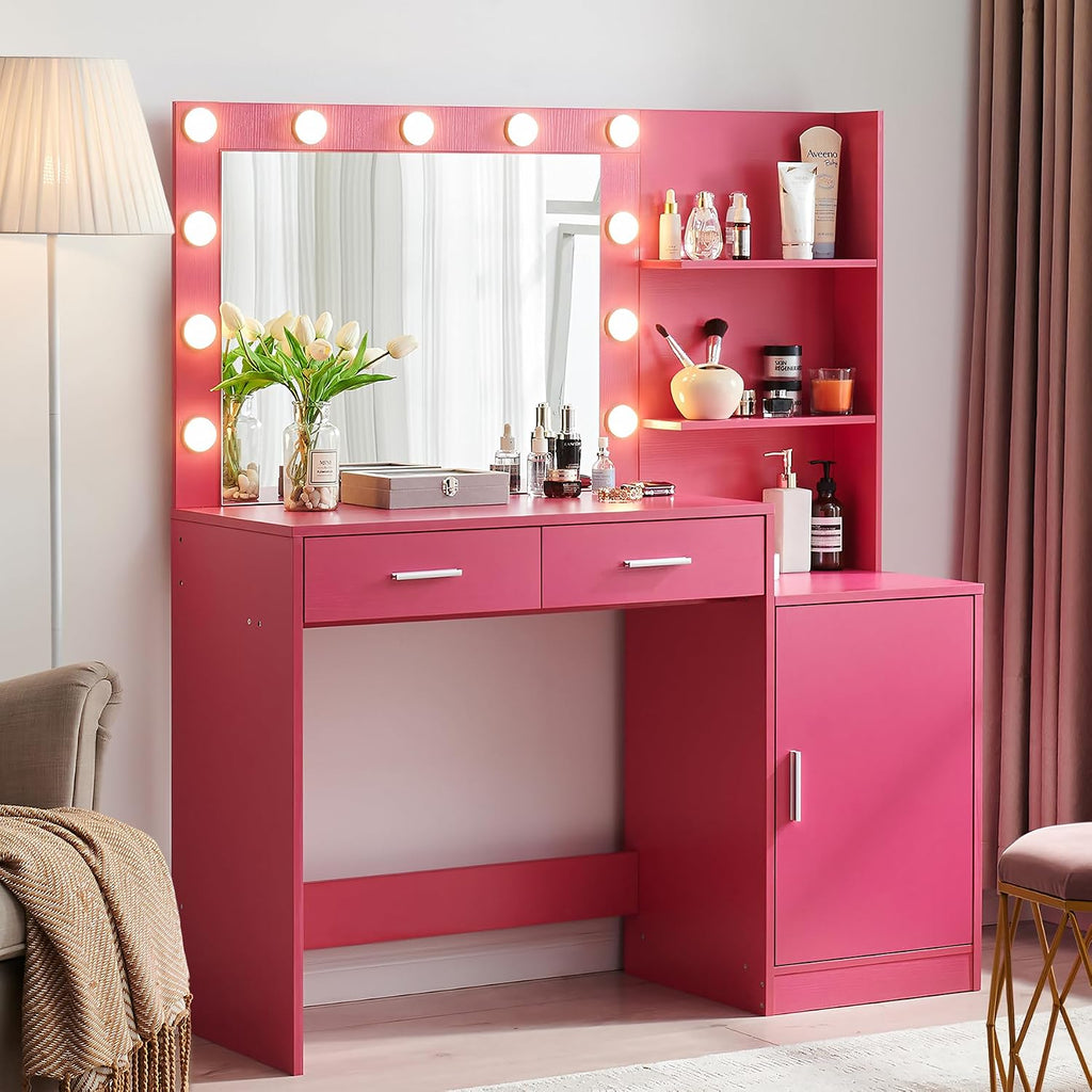 MIRROTOWEL 46.7' Vanity Desk with Mirror & LED Lights, Dressing Table with 2 Large Drawers & Vertical Organizer, 3-Tier Storage, 3 Adjustable Lighting Modes, Makeup Desk for Bedroom