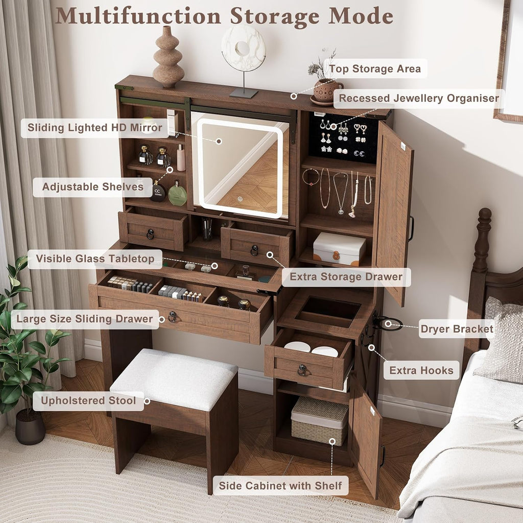 Farmhouse Makeup Vanity Desk with Sliding Mirror and Lights, 42 Wood Vanity Table Set with Glass Top, Power Outlets, Jewelry Storage Cabinet, 4 Drawers, Stool for Country Room Decor, Vintage Cocoa