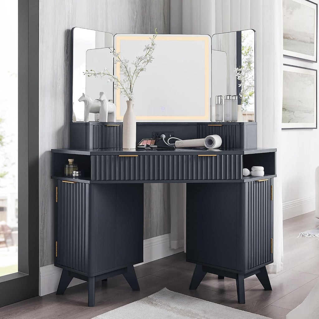 T4TREAM Fluted Makeup Vanity Desk with 3 Way Mirror and Lights, 48' Large Corner Vanity Table with Glass Top, Charging Station, 3 Drawers, Storage Cabinets & Shelves, for Bedroom, Dark Grey
