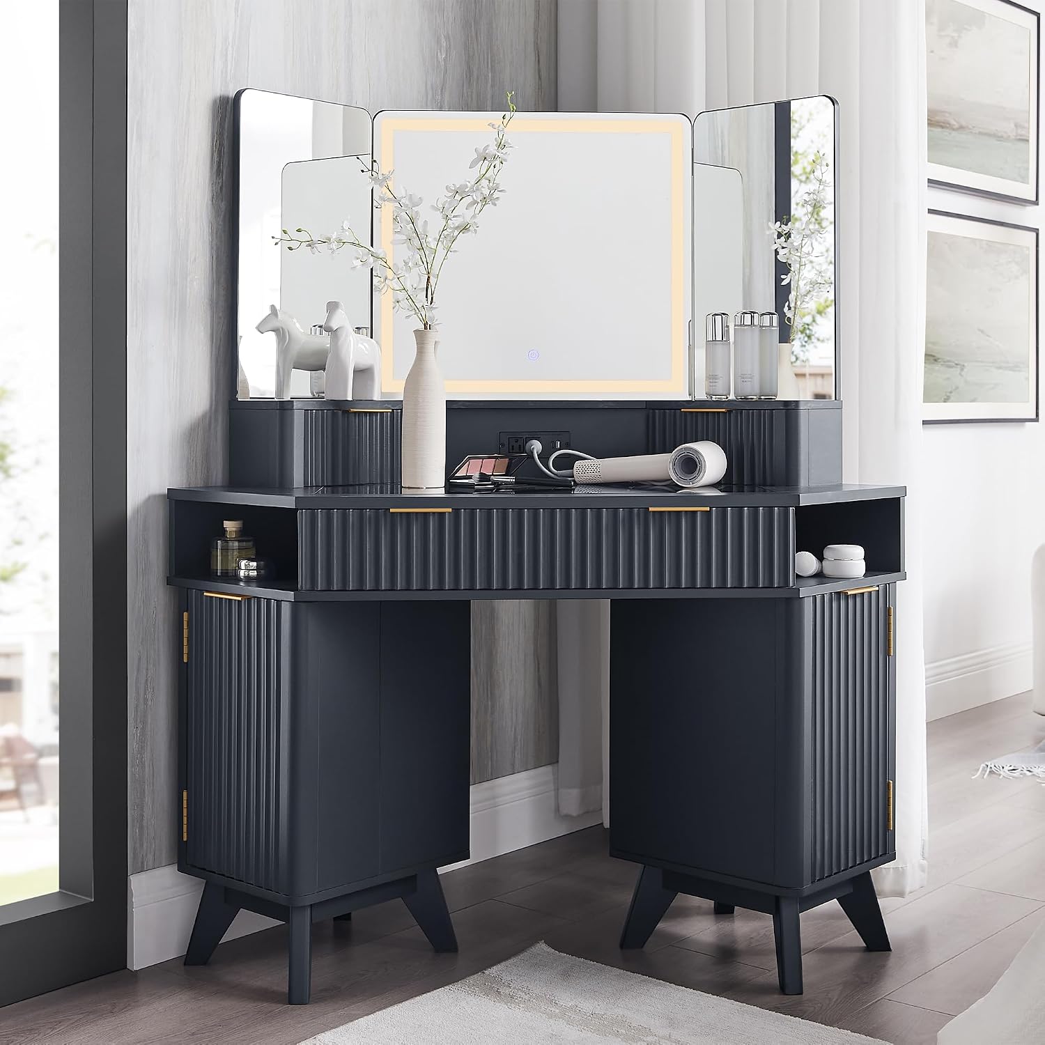 T4TREAM Fluted Makeup Vanity Desk with 3 Way Mirror and Lights, 48' Large Corner Vanity Table with Glass Top, Charging Station, 3 Drawers, Storage Cabinets & Shelves, for Bedroom, Dark Grey