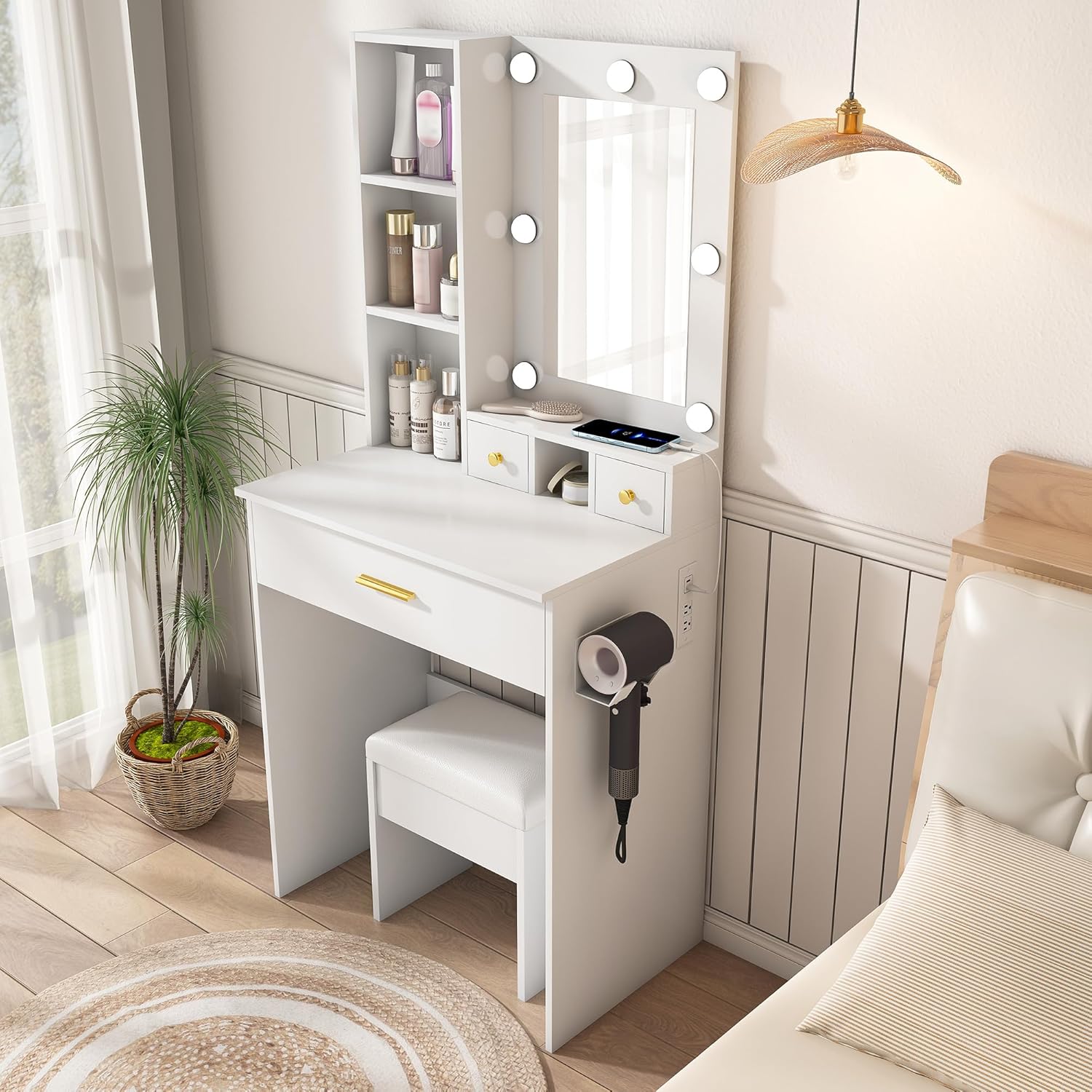 Runboll Small Vanity Desk with Mirror and Lights, Compact Makeup Vanity with Power Strip & Hairdryer Holder, Dressing Table Set with Stool, Drawers & Shelves