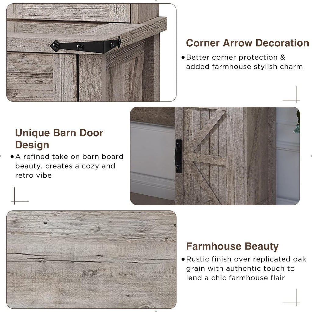 T4TREAM Farmhouse Makeup Vanity Desk with Sliding Mirror and Lights, 42'' Glass Tabletop Vanity Table with 2 Drawers & Shelves, Rustic Big Vanity Set for Bedroom, Light Rustic Oak