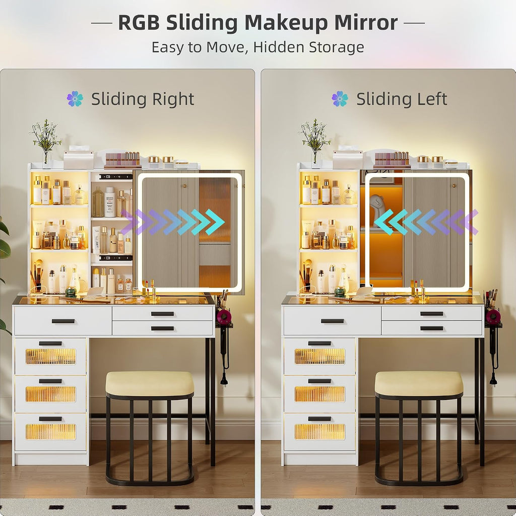 RGB Vanity Desk with Sliding Mirror and Lights,Makeup Vanity with Charging Station,LED Vanity Table with Glass Top,Girls Vanities Dressing Table Set with Stool&6 Drawers for Bedroom(White