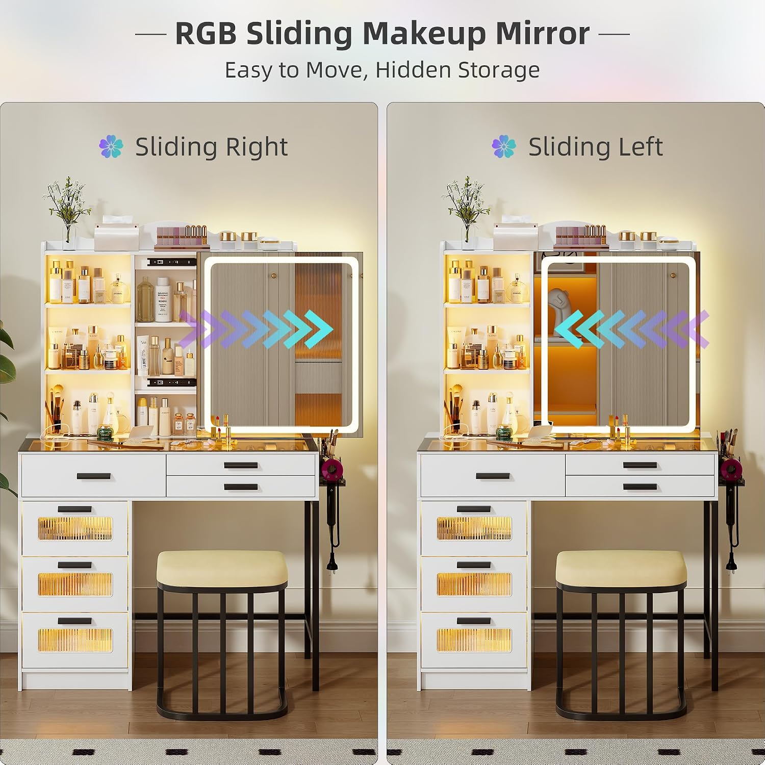 RGB Vanity Desk with Sliding Mirror and Lights,Makeup Vanity with Charging Station,LED Vanity Table with Glass Top,Girls Vanities Dressing Table Set with Stool&6 Drawers for Bedroom(White