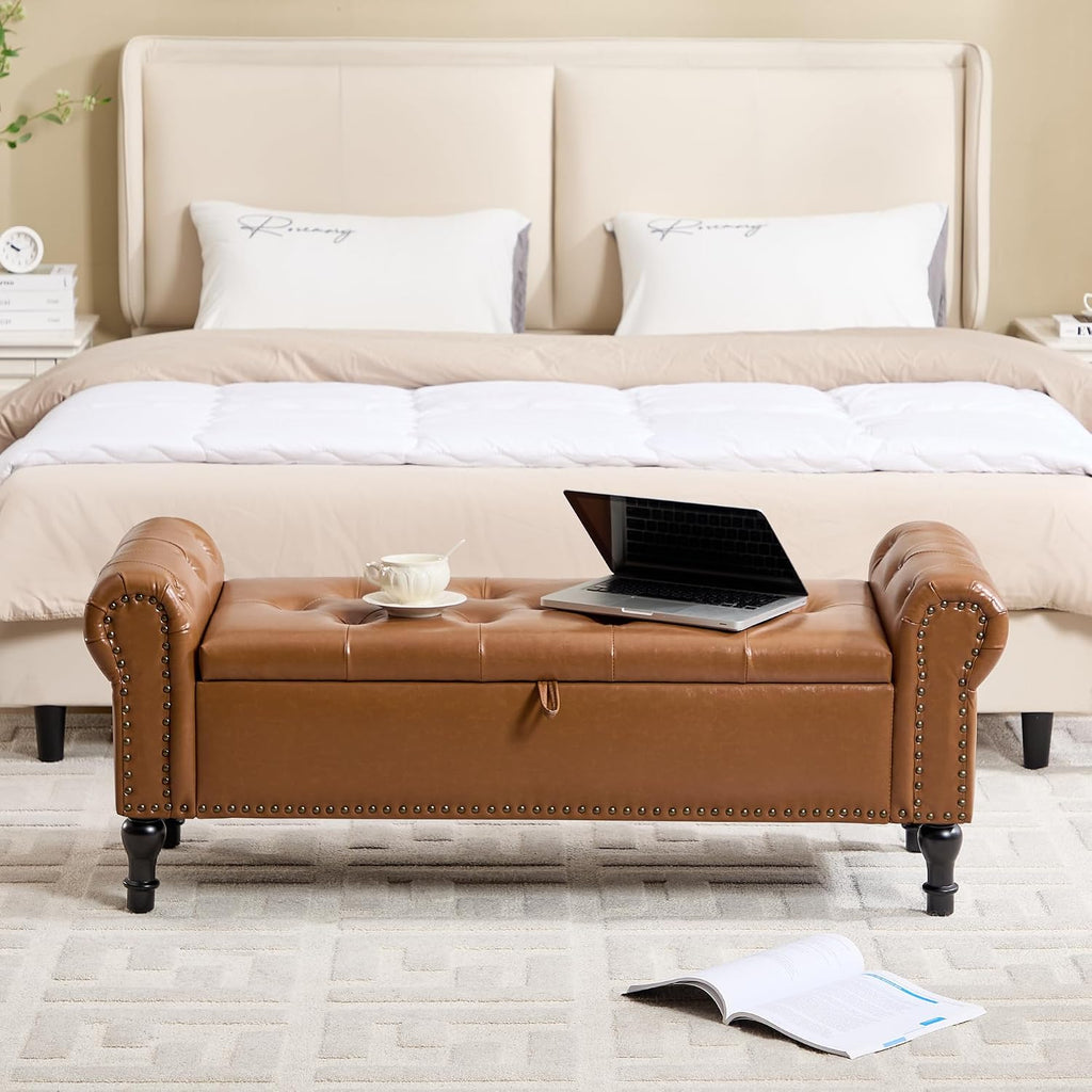 Storage Bench for Bedroom, 51' Upholstered End of Bed Bench, Faux Leather Queen Size Benches with Rolled Arms, Tufted Button Storage Long Ottoman, Living Room, Entryway, Brown
