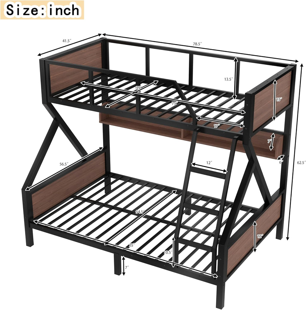 Bellemave Bunk Bed Twin Over Full with LED, Heavy Duty Metal Bunk BedFrame with Storage Shelves and Lights, Black