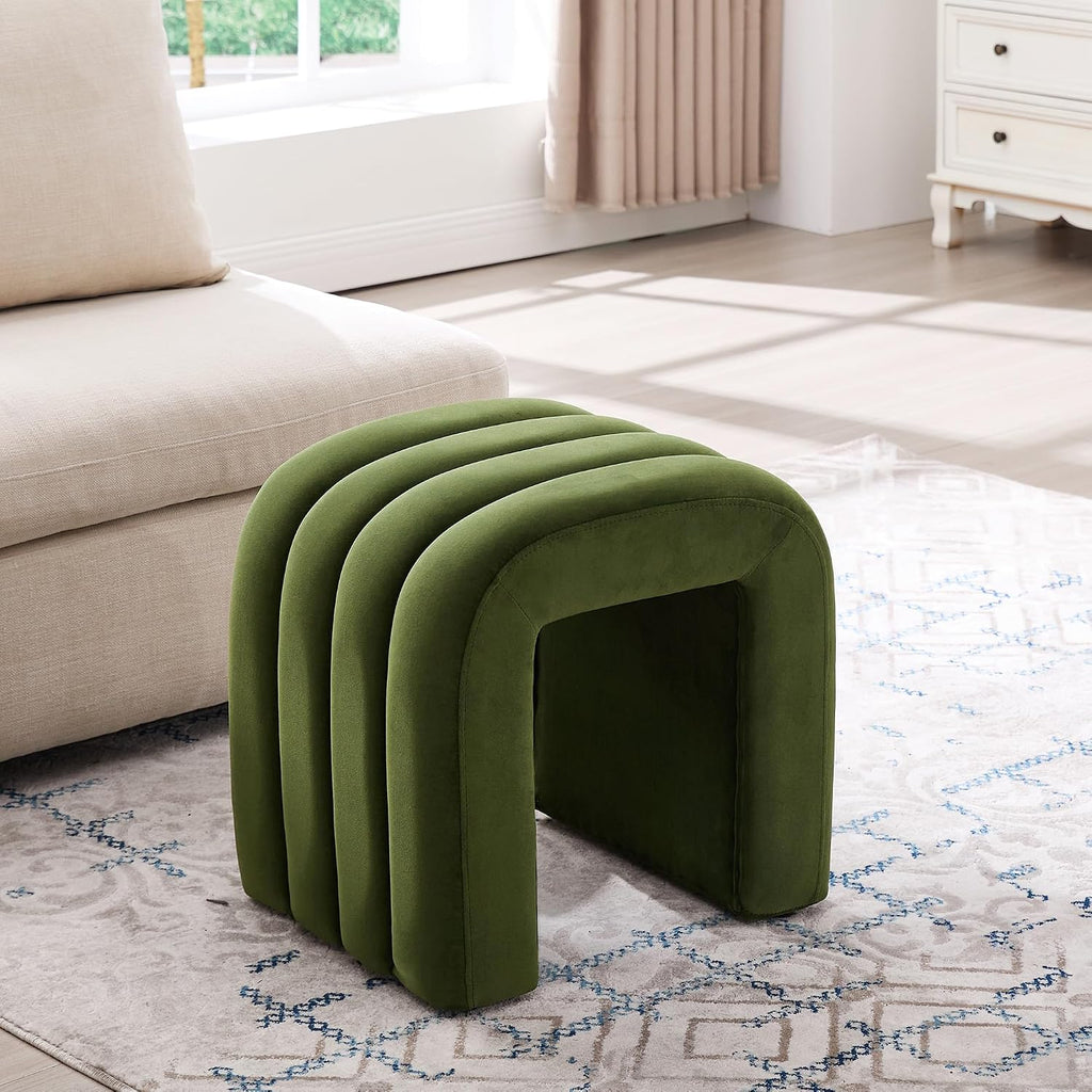 Flouki Ottoman Foot Stool with Channel Tufted, Small Ottoman Bench for Entryway, Modern Velvet Vanity Stool Chair, Upholstered Foot Rest Extra Seat for Living Room (Green)