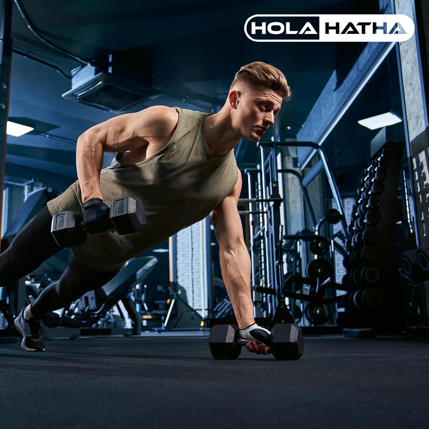 HolaHatha Hexagonal Dumbbell Free Hand Weight Set w/Rack