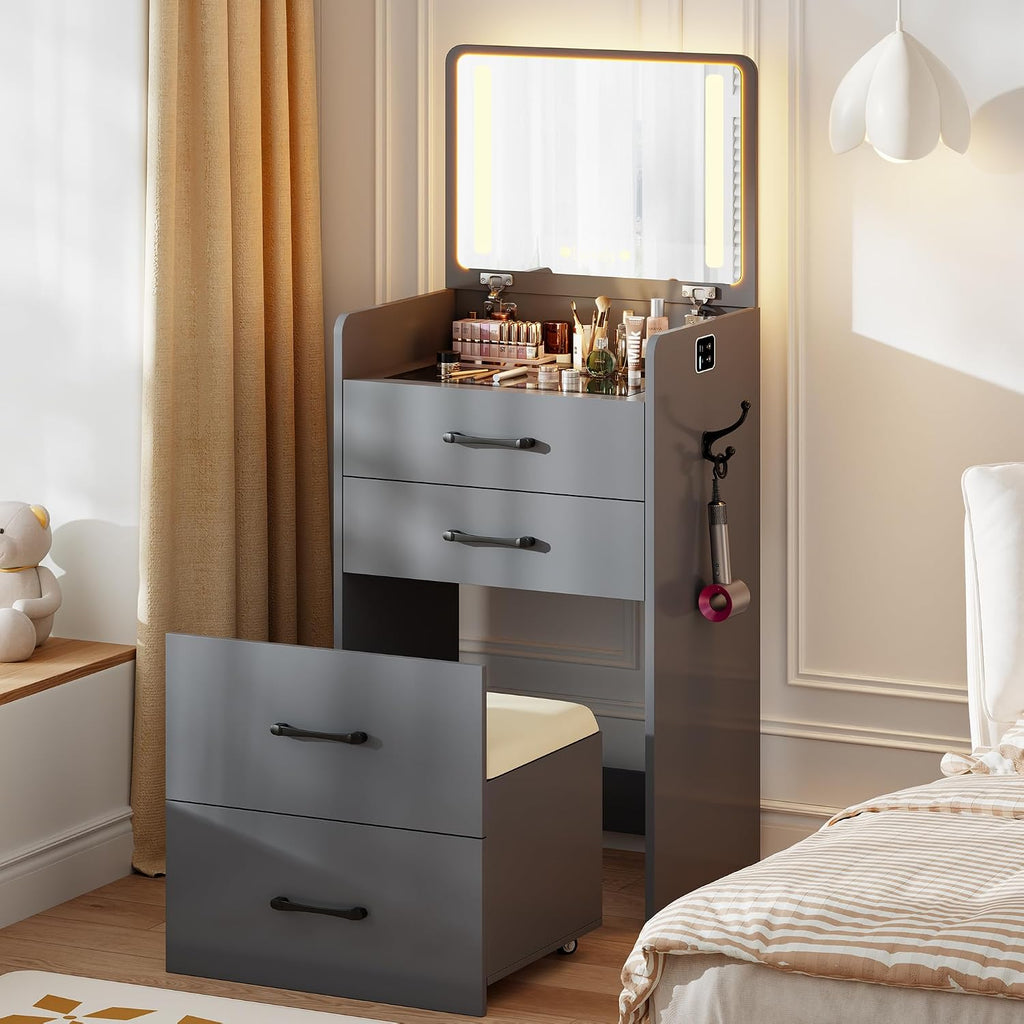 3 in 1 Vanity Desk with Flip up Mirror and Lights, Glass Top Makeup Vanity Table with Charging Station,LED Compact Dressing Table with 3 Drawer and Wheel Storage Stool for Bedroom(Grey)