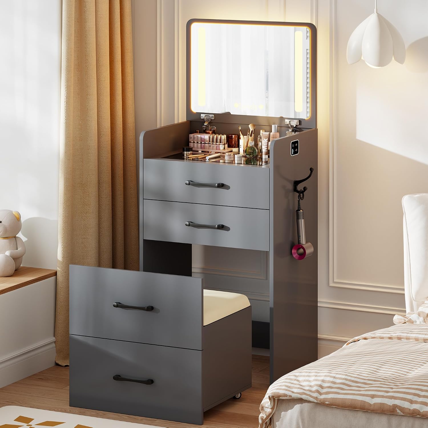3 in 1 Vanity Desk with Flip up Mirror and Lights, Glass Top Makeup Vanity Table with Charging Station,LED Compact Dressing Table with 3 Drawer and Wheel Storage Stool for Bedroom(Grey)