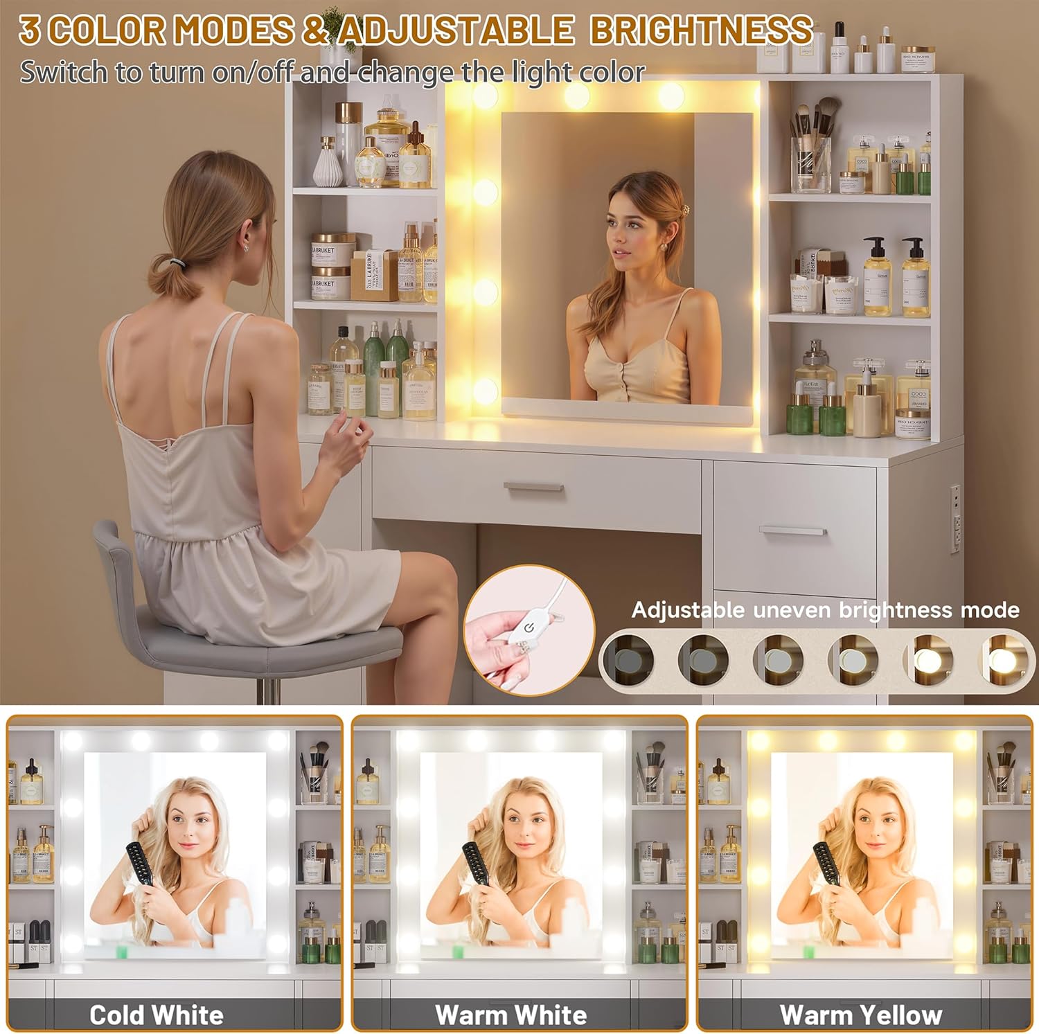 Vanity Desk with Mirror and LED Lights, Large Vanity with 7 Drawers and 6 Shelves, Make up Vanity Dressing Table with Charging Station for Girls, Women (White)