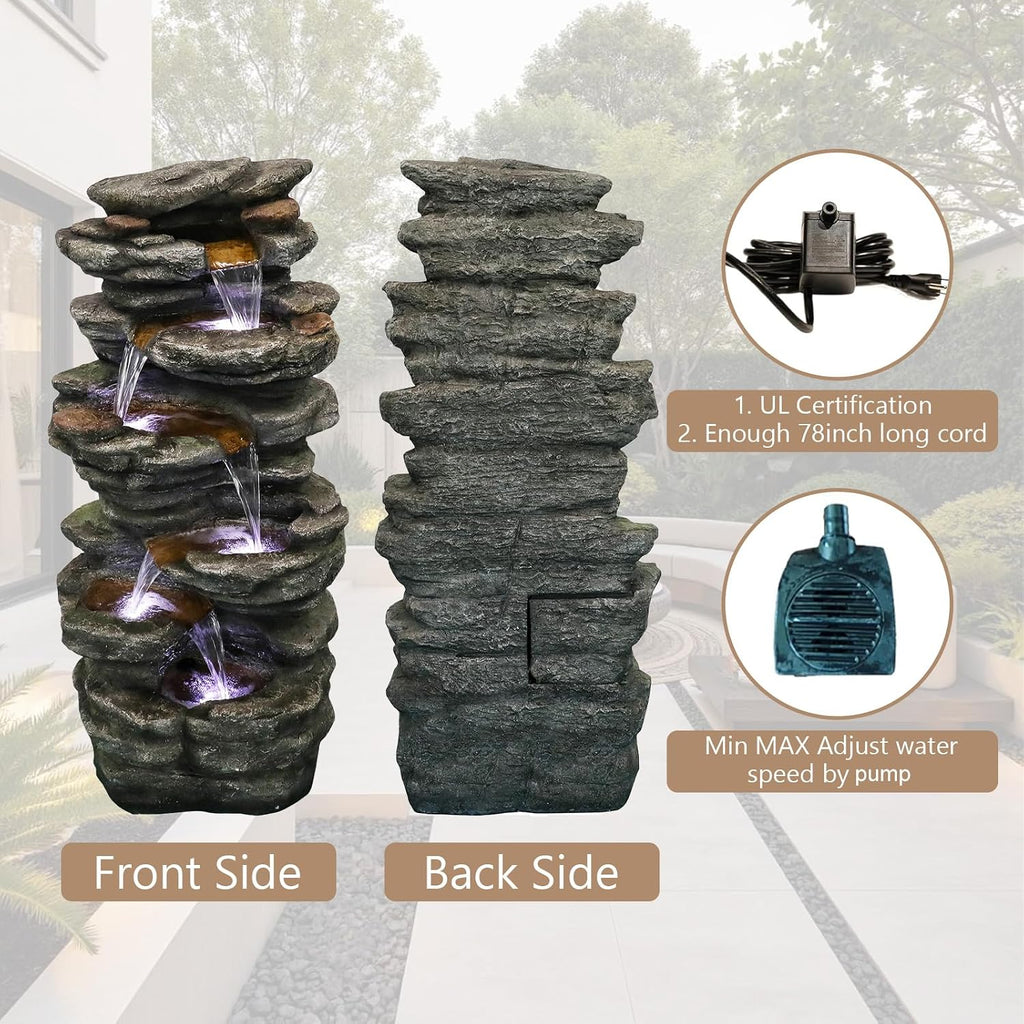 Naturefalls 40inches High Outdoor Rock Water Fountain with LED Lights - 6-Tiers Poly-Resin Cascading Waterfall Fountain for Garden, Patio, Yard, Home Decor