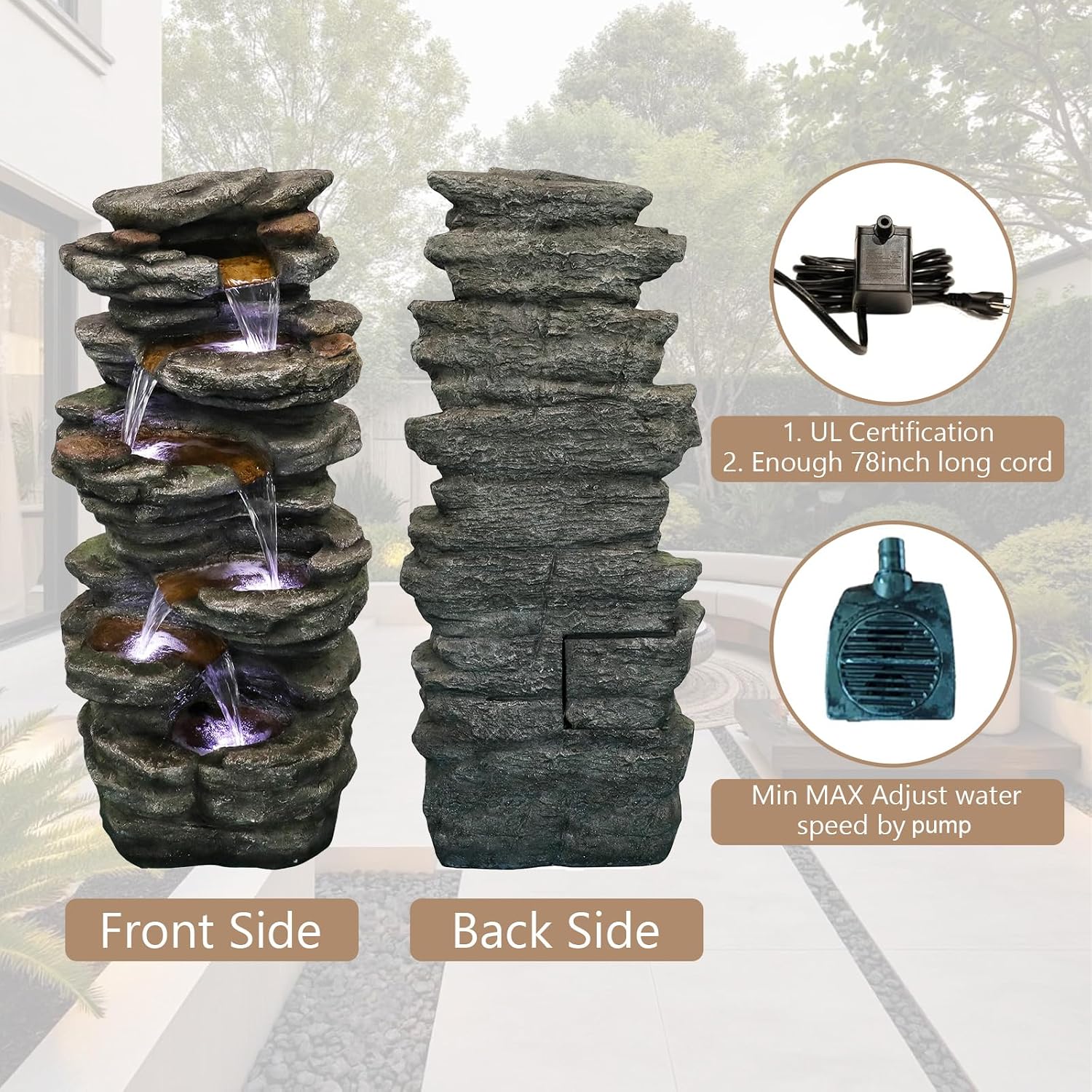 Naturefalls 40inches High Outdoor Rock Water Fountain with LED Lights - 6-Tiers Poly-Resin Cascading Waterfall Fountain for Garden, Patio, Yard, Home Decor