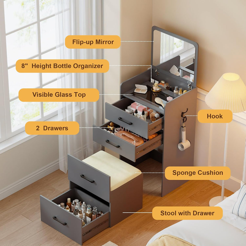 Lvifur Small 3-in-1 Vanity Desk with Mirror, Compact Makeup Table w/Cushioned Stool, Modern Grils' Dressing Table Vanity Set for Apartment, Loft, Dormitory (Grey)