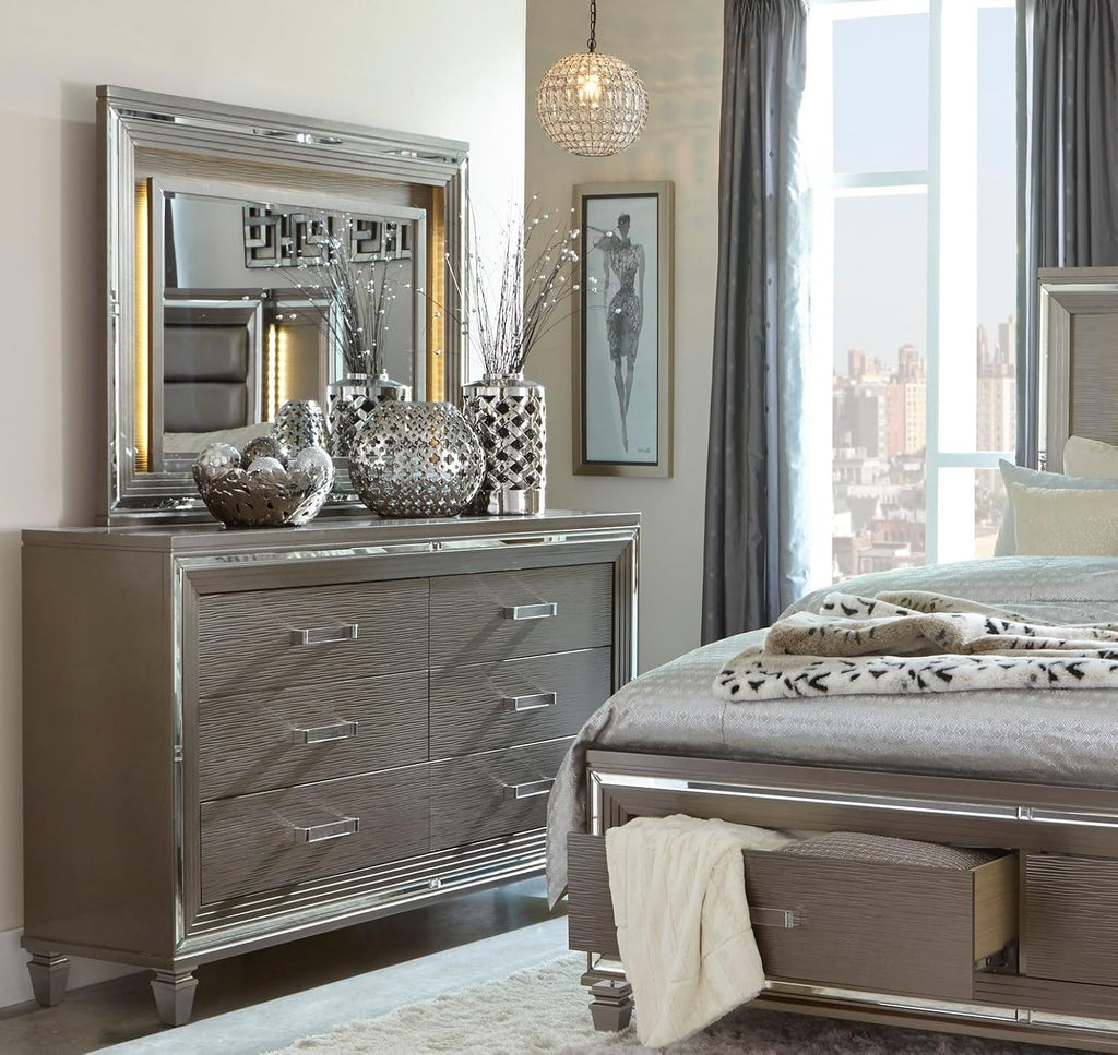 Silver Gray Metallic Finish 5pc Bedroom Furniture Set Tufted California King Size Platform Bed LED Light Upholstered Headboard