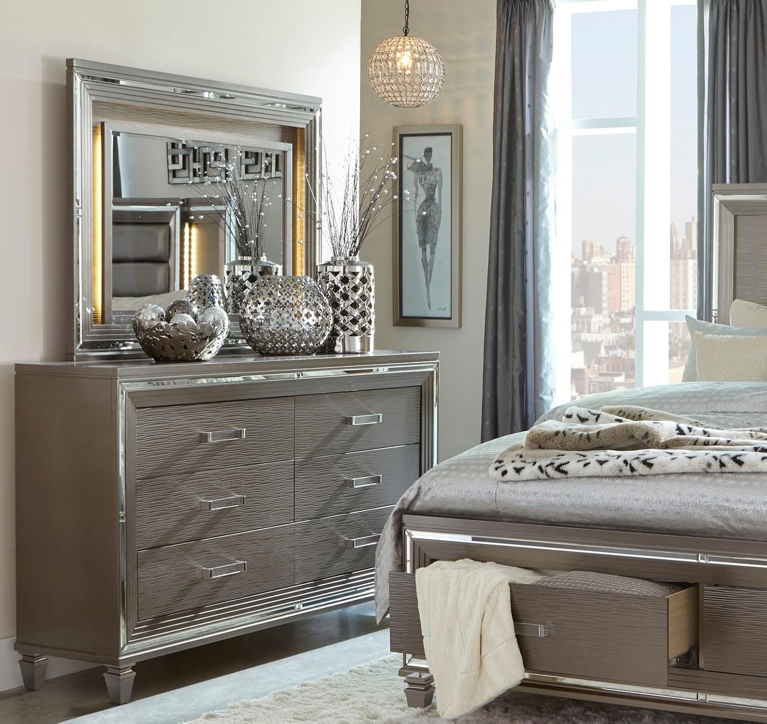 Silver Gray Metallic Finish 5pc Bedroom Furniture Set Tufted California King Size Platform Bed LED Light Upholstered Headboard
