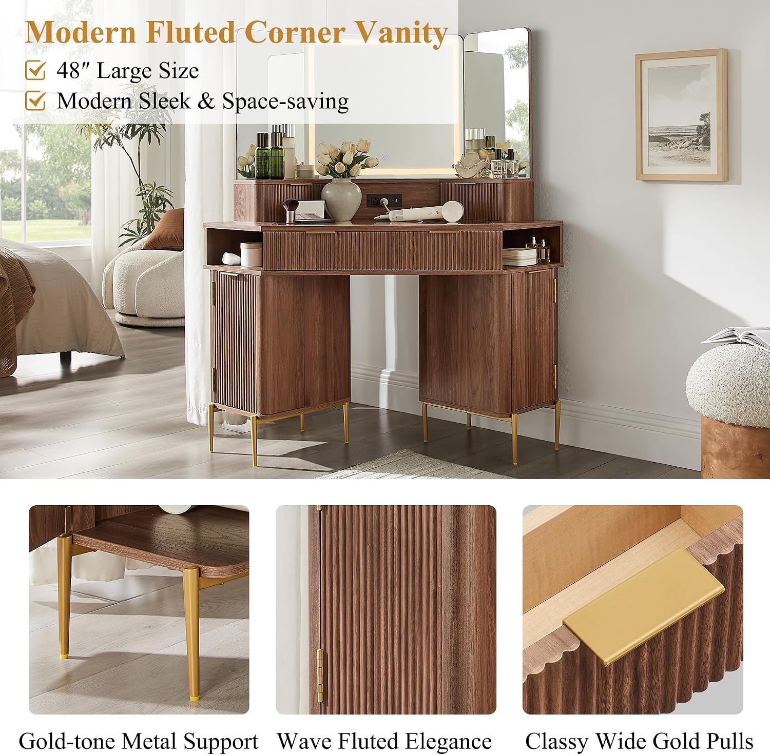 T4TREAM 48' Fluted Makeup Vanity Desk with HD Triple Mirror and Lights, Large Lighted Corner Vanity with Glass Top, Modern Dressing Table with 3 Drawers & 2 Cabinets for Bedroom, Light Walnut