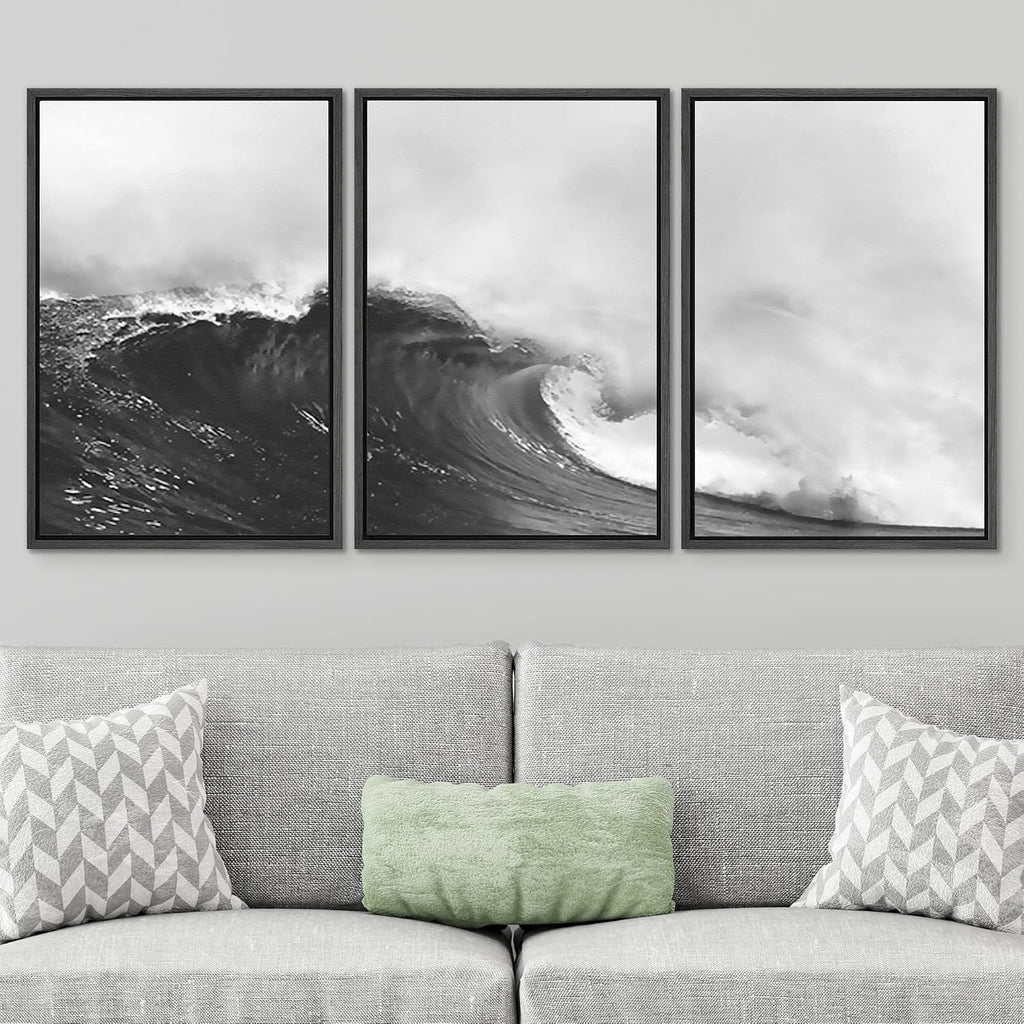 SIGNWIN Framed Canvas Print Wall Art Set Black & White Ocean Beach Waves Nature Wilderness Photography Modern Art Rustic Landscape Relax/Calm for Living Room, Bedroom, Office - 16'x24'x3 Black