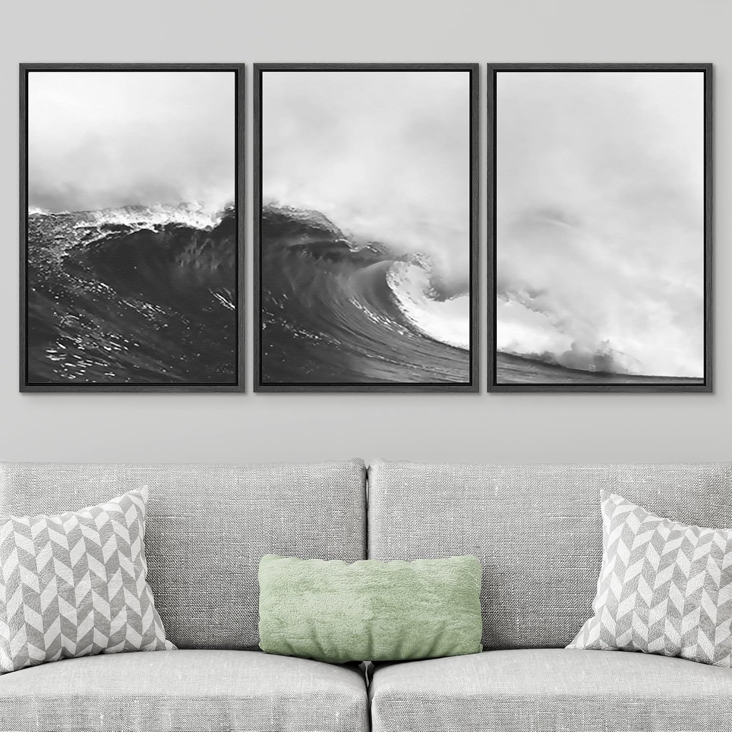 SIGNWIN Framed Canvas Print Wall Art Set Black & White Ocean Beach Waves Nature Wilderness Photography Modern Art Rustic Landscape Relax/Calm for Living Room, Bedroom, Office - 16'x24'x3 Black
