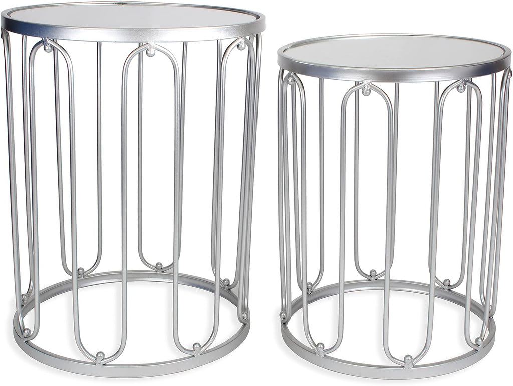 Rutledge & King Round End Table Set - Silver End Tables with Mirrored Tops - Nesting Round Accent Tables - Silver and Mirrored Metal Side Tables Braswell End Table Set
