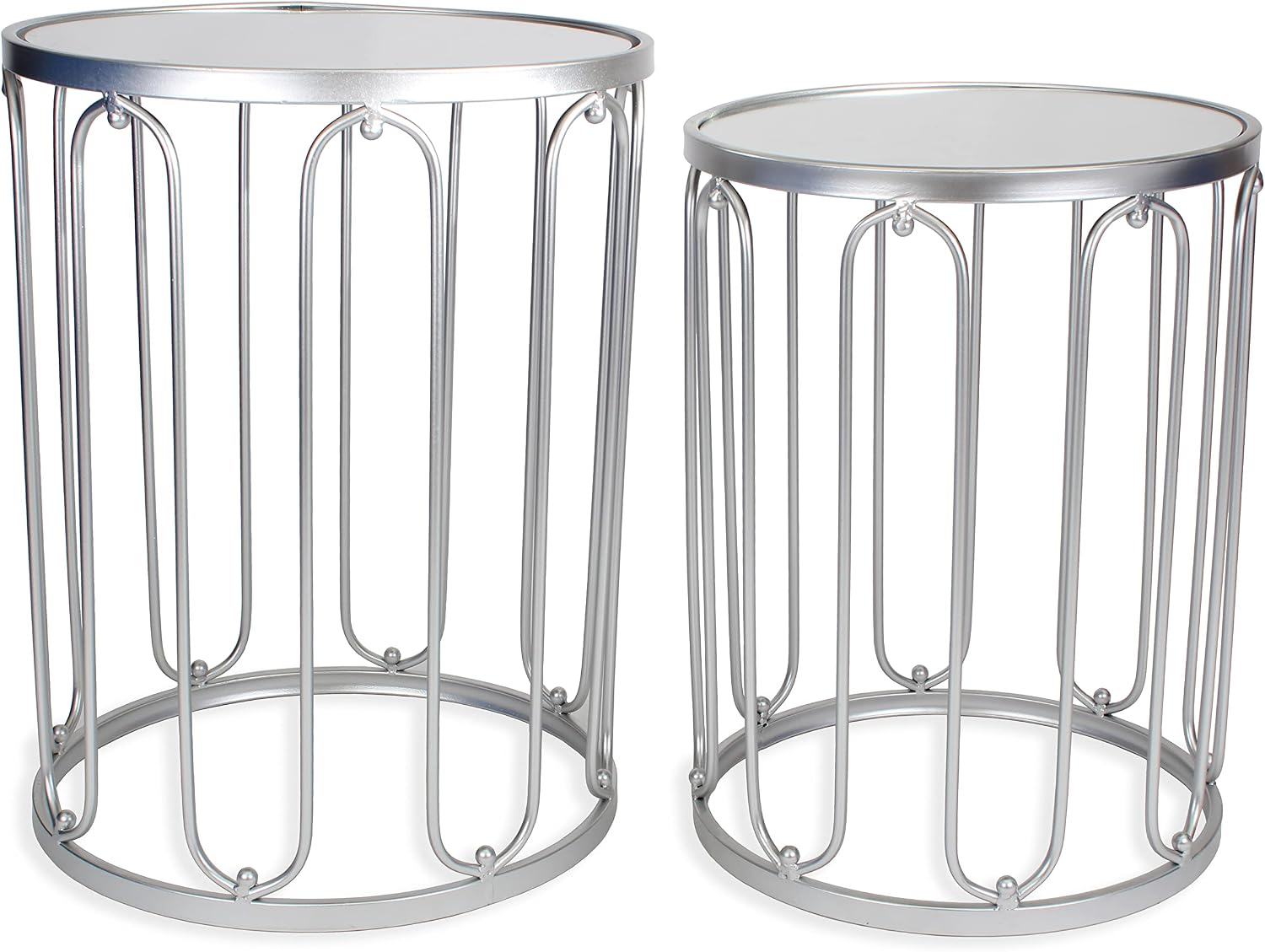 Rutledge & King Round End Table Set - Silver End Tables with Mirrored Tops - Nesting Round Accent Tables - Silver and Mirrored Metal Side Tables Braswell End Table Set