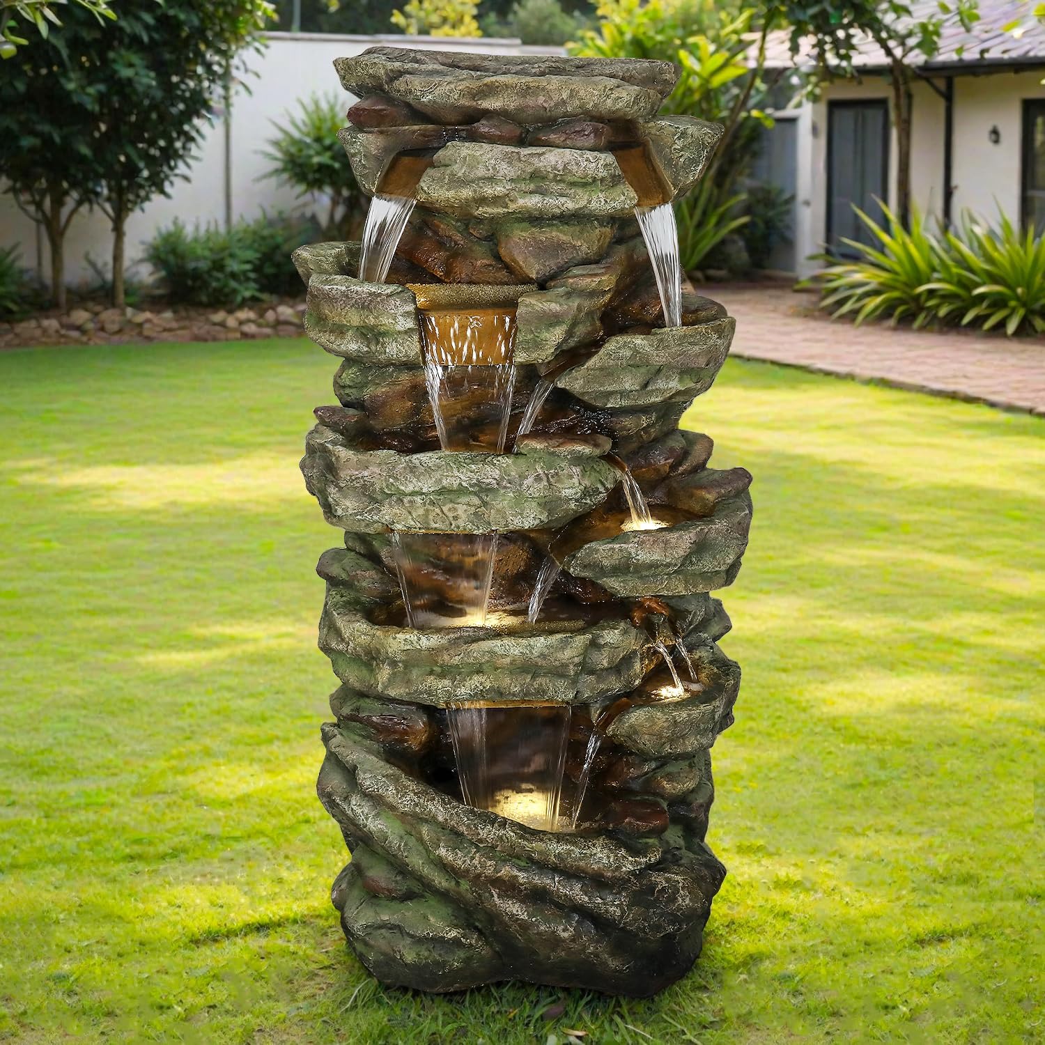SunJet 59' High Multi-Tiers Cascading Rock Outdoor Water Fountain with LED Lights - Large Outdoor Fountains and Waterfalls for Garden or Patio, Yard, and Deck Decor, Featuring Natural Stone Look