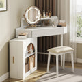 Corner Makeup Vanity Desk w/ 3-Color LED Lights & Tri-Folding Mirror - Modern Vanity Set with Stool, 360° Rotatable HD Mirror, Large Storage for Small Spaces Special Occasions (White)