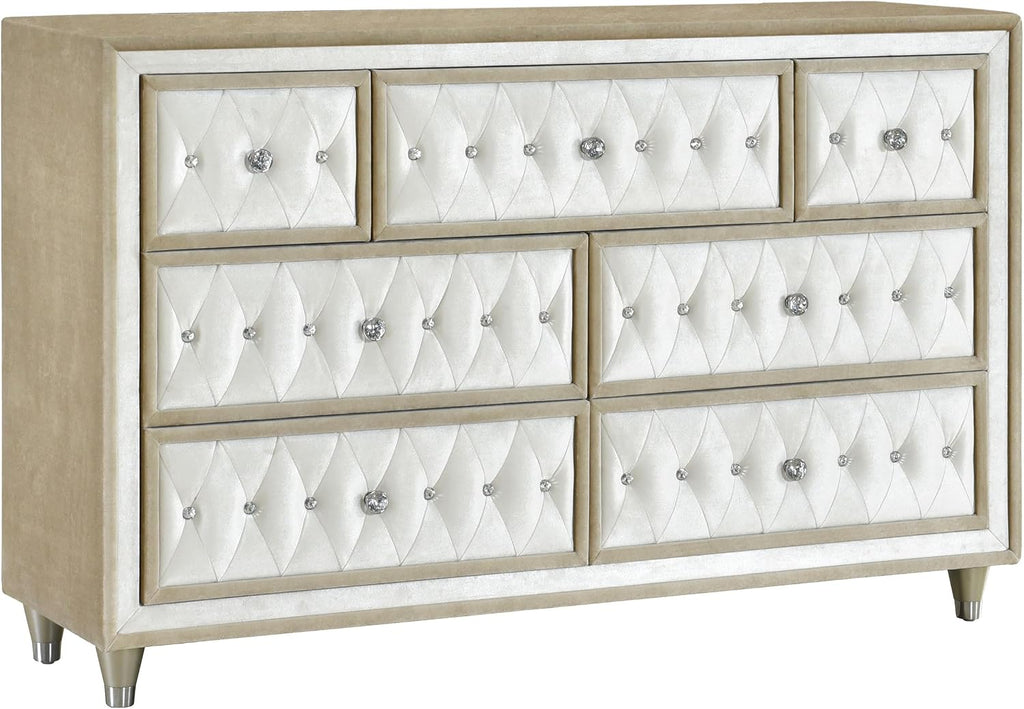 Coaster Home Furnishings Antonella Modern Classic 4-Piece Bedroom Set Velvet Upholstered California King Size Panel Bed Frame 79-inch Headboard Ivory and Camel 223521KW-S4