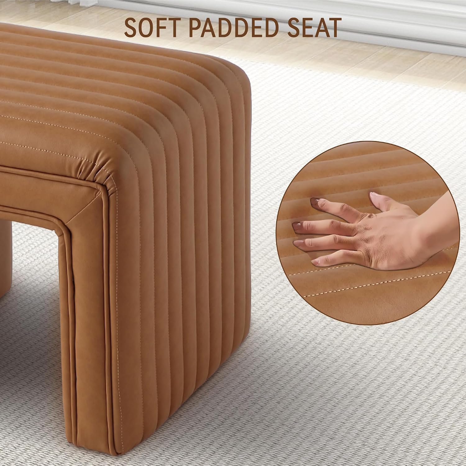 Get Set Style Vanity Stool Chair,Modern Leather Ottoman Foot Stool with Wooden Legs Sofa Bench Footstool Extra Seat for Vanity,Makeup Room,Living Room,Entryway,Office (Fully Assembled)
