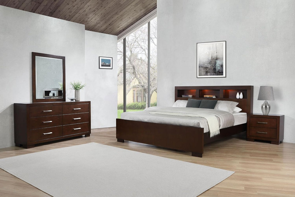Coaster Home Furnishings Jessica Contemporary 4-Piece Bedroom Set Eastern King Size LED Storage Bookcase Bed Frame 47-inch Headboard Cappuccino 200719KE-S4