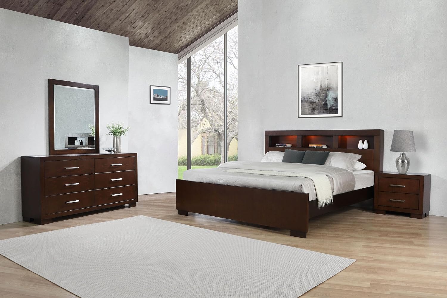 Coaster Home Furnishings Jessica Contemporary 4-Piece Bedroom Set Eastern King Size LED Storage Bookcase Bed Frame 47-inch Headboard Cappuccino 200719KE-S4