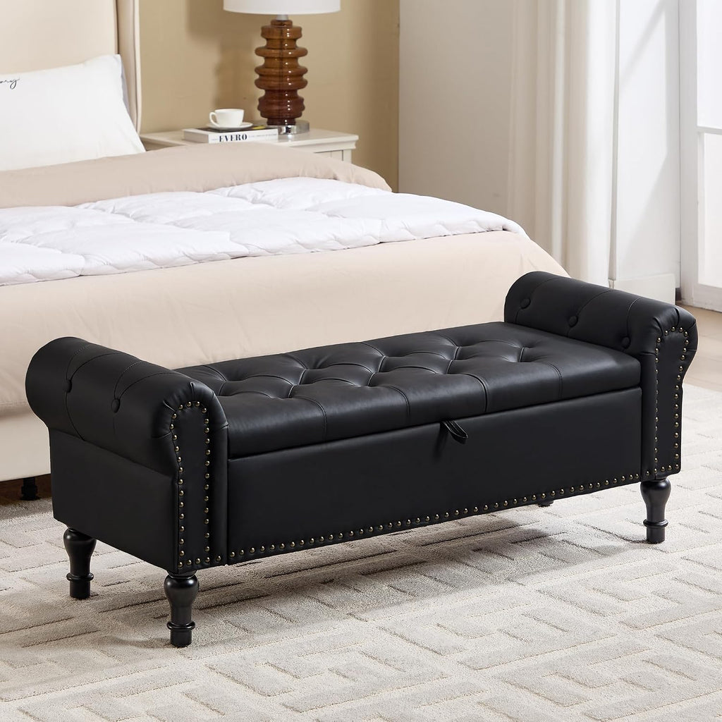Storage Bench for Bedroom, 51' Upholstered End of Bed Bench, Faux Leather Queen Size Benches with Rolled Arms, Tufted Button Storage Long Ottoman, Living Room, Entryway, Black