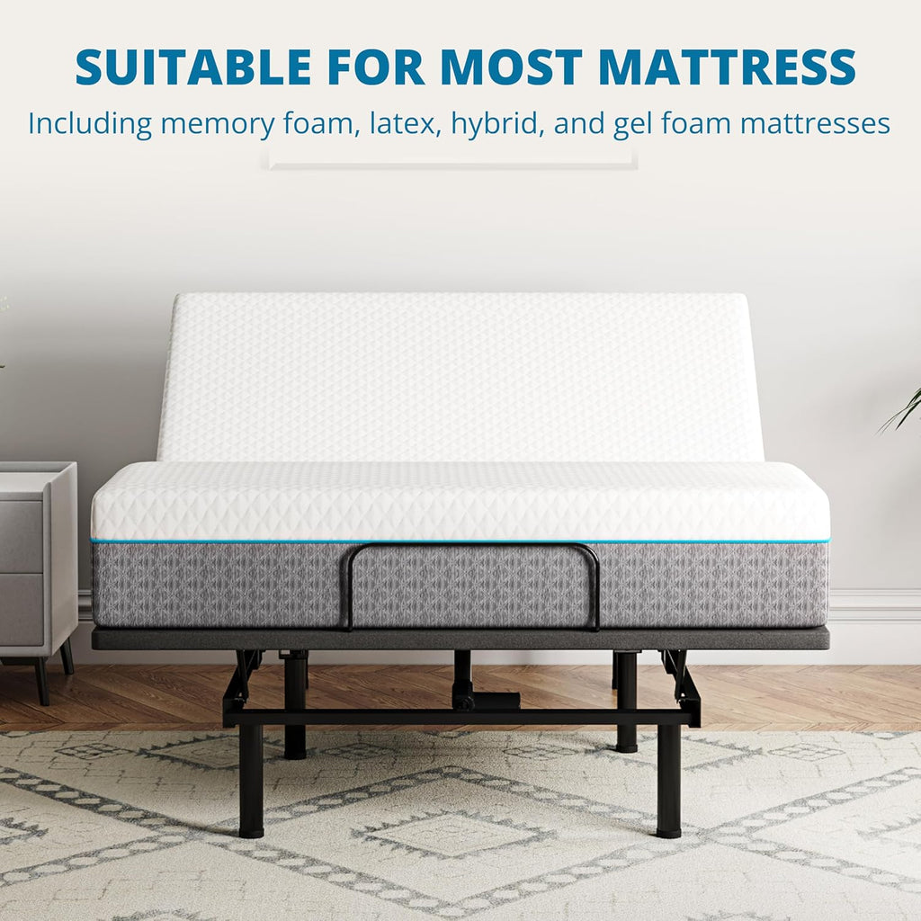 EGOHOME Twin XL Adjustable Bed Frame and 14 inch Charcoal Gel Memory Foam Mattress, Independent Head and Foot Incline with Massage Foldable Bed, Wireless Remote, Zero Gravity, No Headboard