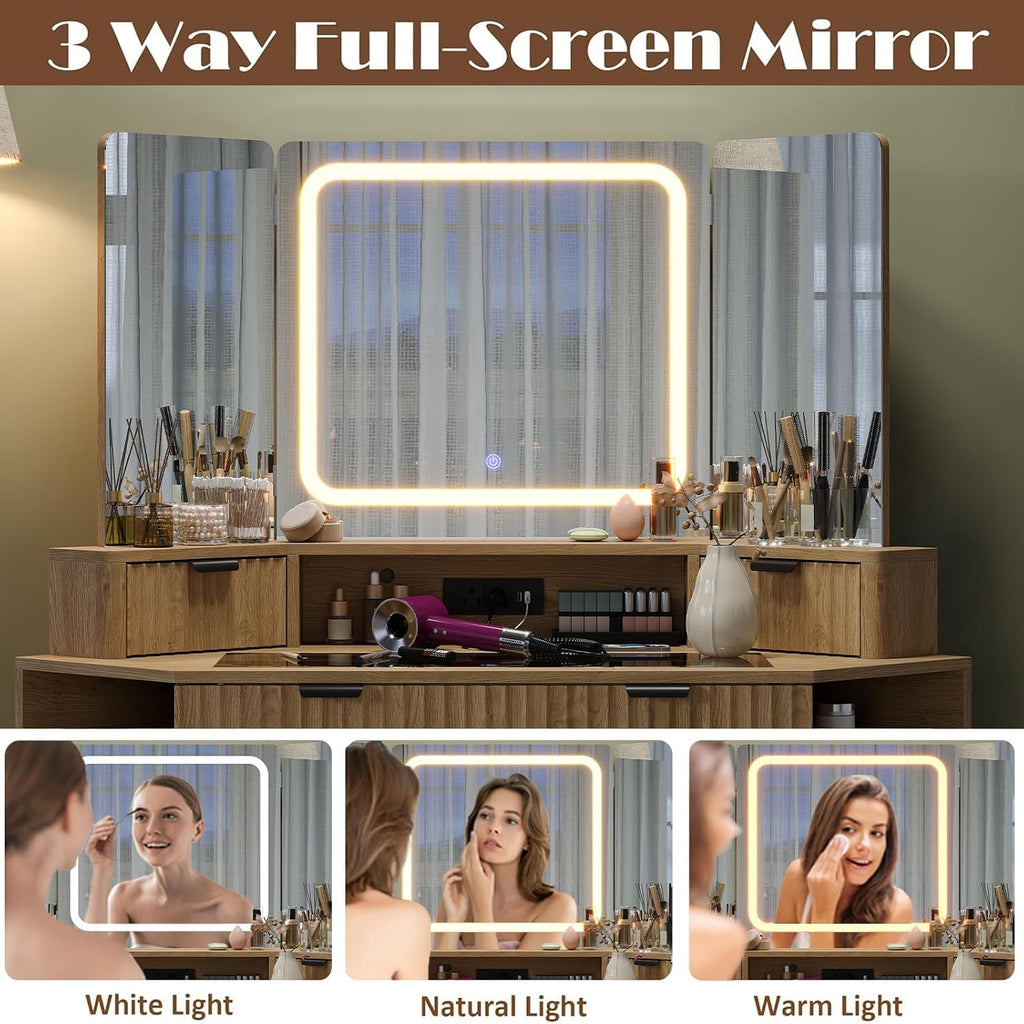 Modern 48'' Fluted Makeup Vanity Desk with HD Triple Mirror & LED Lights – Spacious Corner Dressing Table with Glass Top, 3 Drawers & 2 Cabinets for Stylish Bedroom Decor (Oak)