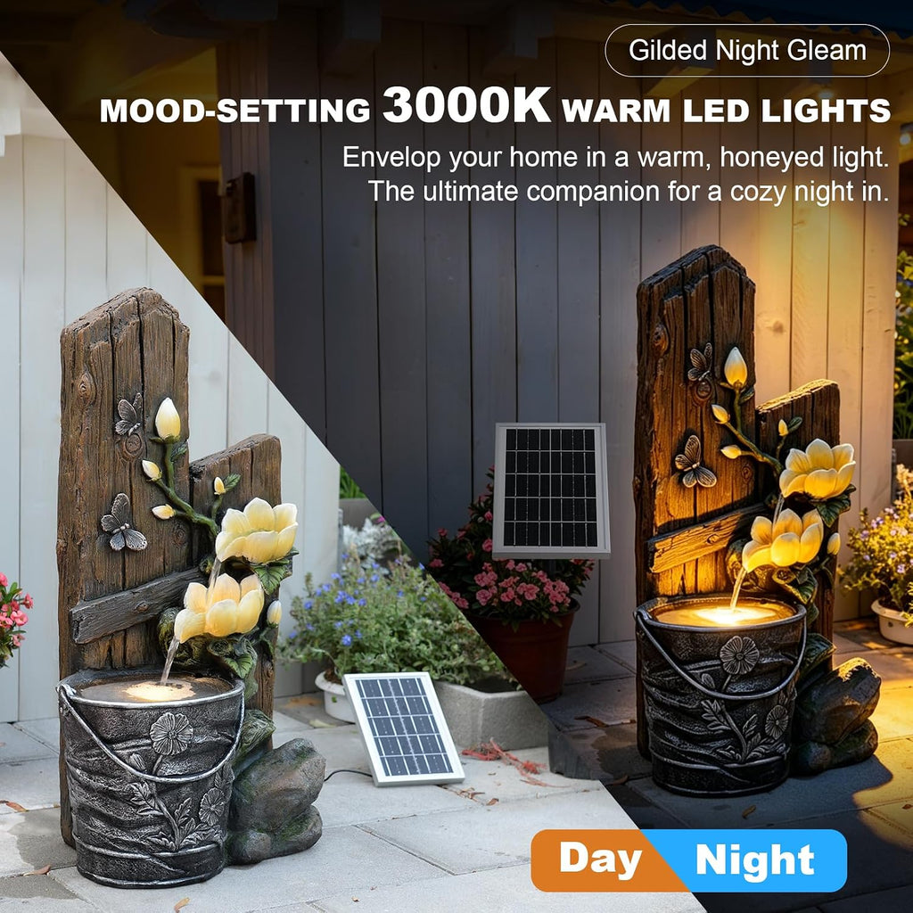 30.7' H Solar Water Fountain Outdoor Garden, Rustic Tiered Magnolia Flower & Bucket Waterfall with 4000mAh Battery Backup, Warm LED Lights & 5W Solar Panel for Patio, Porch, Backyard and Home Decor