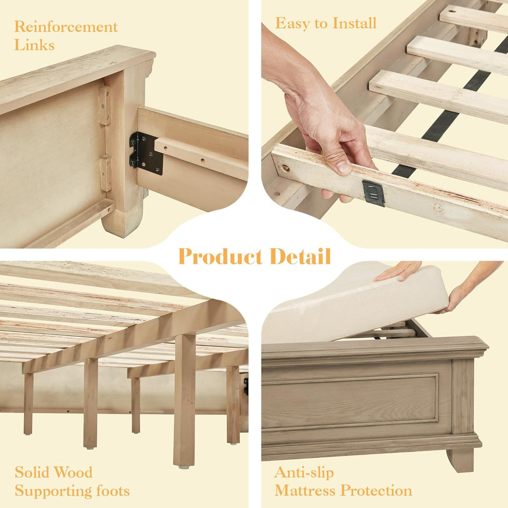 LUXOAK Solid Pine Wood King Bed Frame with 69' High Upholstered Headboard, Transitional Style Platform Bed, No Box Spring Needed & Easy Assembly, Button-Tufted Chenille Fabric, Antique Taupe