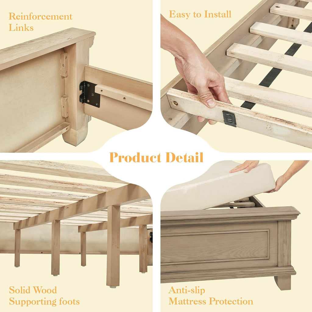 LUXOAK Solid Pine Wood Queen Bed Frame with 69' High Upholstered Headboard, Transitional Style Platform Bed, No Box Spring Needed & Easy Assembly, Button-Tufted Chenille Fabric, Antique Taupe